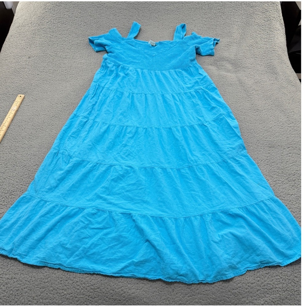 Cottonseed Wear Maxi Dress Womens M Turquoise Blue Tiered Cotton Cold Shoulder
